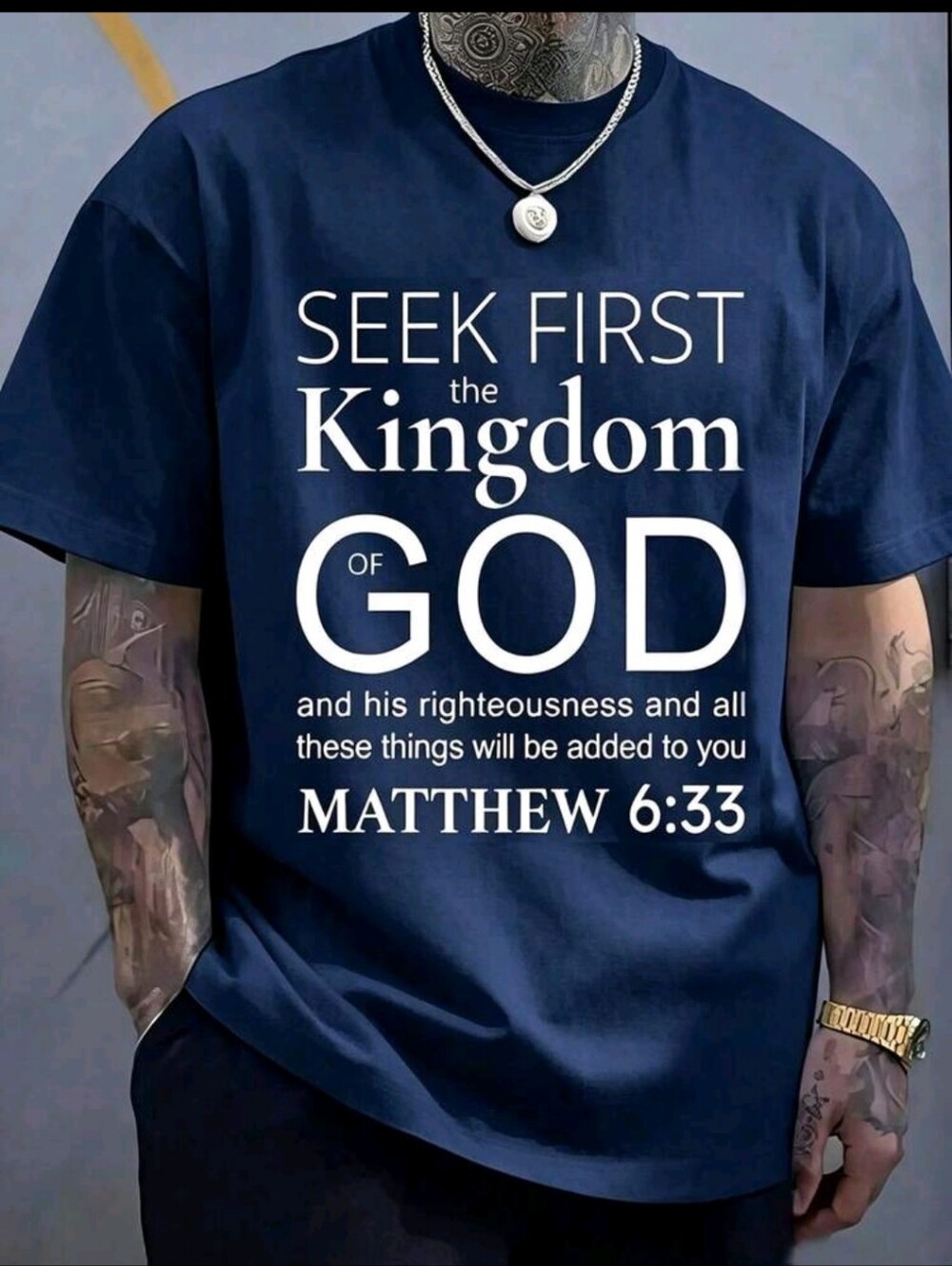 Matthew 6:33 Navy Blue Graphic Tee - Seek First the Kingdom